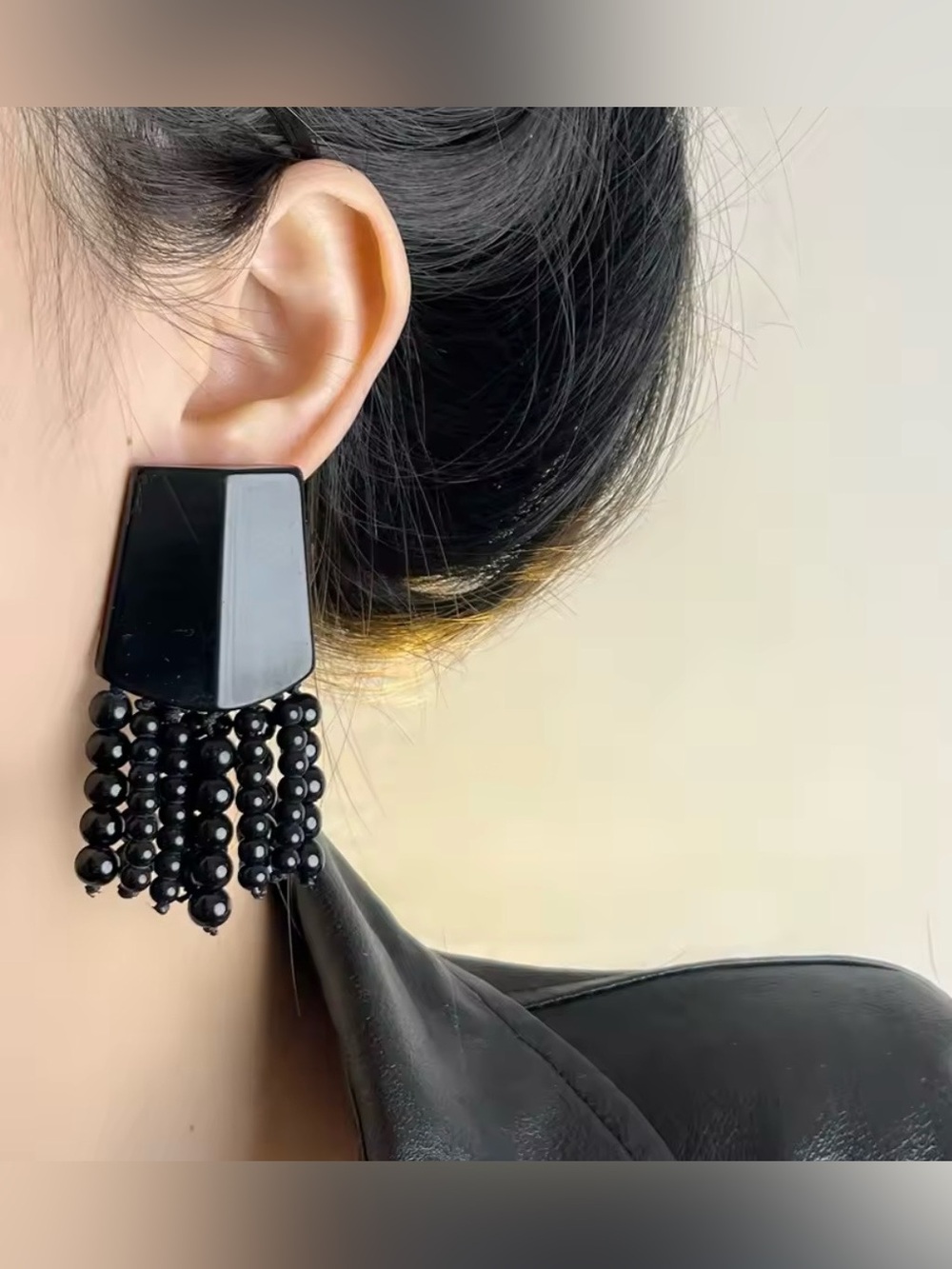 Acrylic Black Short Tassel Clip-On Drop Earrings